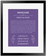Analiah personalized name print with origin and traits in purple with black matte frame