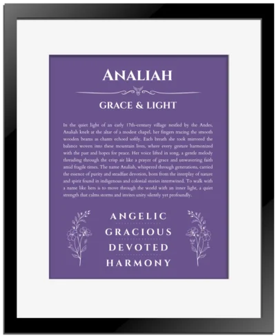 Analiah personalized name print with origin and traits in purple with black matte frame