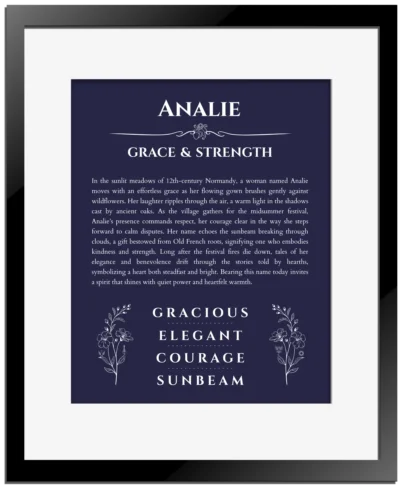 Analie name meaning gift print in navy blue with black matte frame