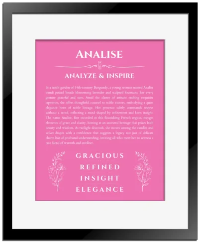 Analise personalized name meaning print in pink with black matte frame