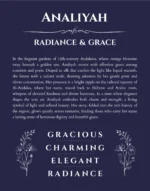 Analiyah personalized name print with origin and traits in navy blue