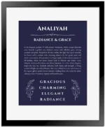 Analiyah personalized name print with origin and traits in navy blue with black matte frame