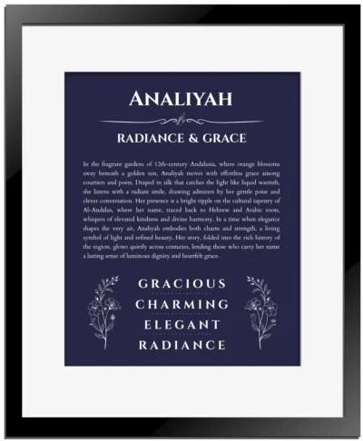 Analiyah personalized name print with origin and traits in navy blue with black matte frame