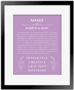 Analy personalized wall art with the story of your name in light purple with black matte frame