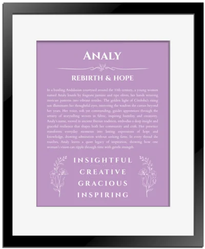 Analy personalized wall art with the story of your name in light purple with black matte frame