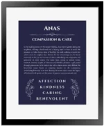 Anas custom name art showing meaning and origin in navy blue with black matte frame