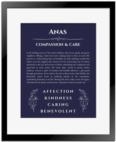 Anas custom name art showing meaning and origin in navy blue with black matte frame