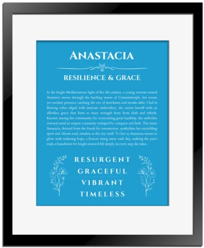 Anastacia custom name print for wall display in blue with black matte frame