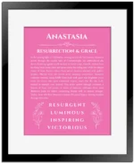 Anastasia custom name art showing meaning and origin in pink with black matte frame