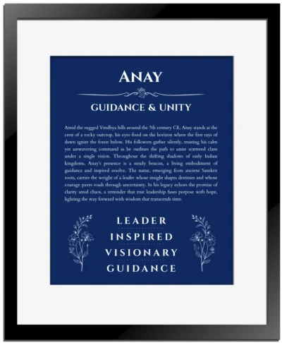 Anay custom name art showing meaning and origin in deep blue with black matte frame