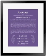 Anayah custom name meaning print in purple with black matte frame