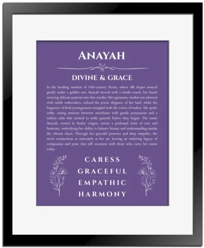 Anayah custom name meaning print in purple with black matte frame