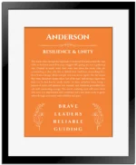 Anderson personalized wall art with the story of your name in orange with black matte frame