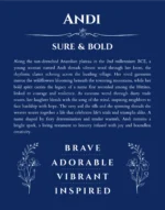 Andi custom name art showing meaning and origin in deep blue