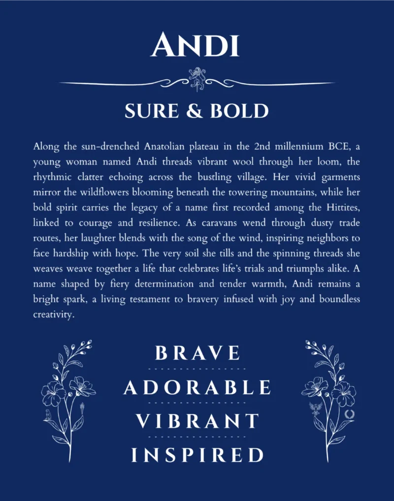 Andi custom name art showing meaning and origin in deep blue