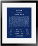 Andi custom name art showing meaning and origin in deep blue with black matte frame