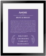 Andie custom name meaning print in purple with black matte frame