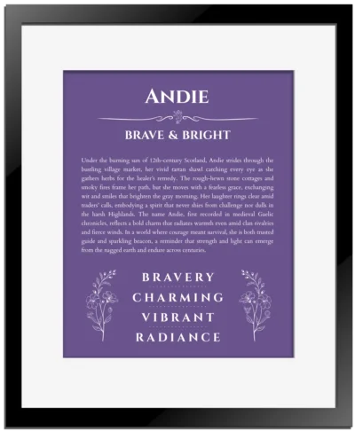 Andie custom name meaning print in purple with black matte frame