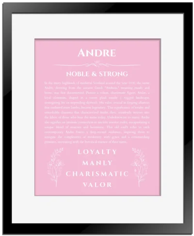 Andre personalized name print with origin and traits in light pink with black matte frame