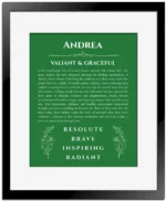 Andrea personalized wall art with the story of your name in dark green with black matte frame
