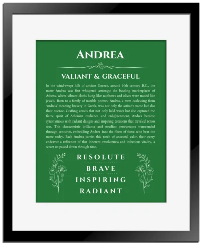 Andrea personalized wall art with the story of your name in dark green with black matte frame