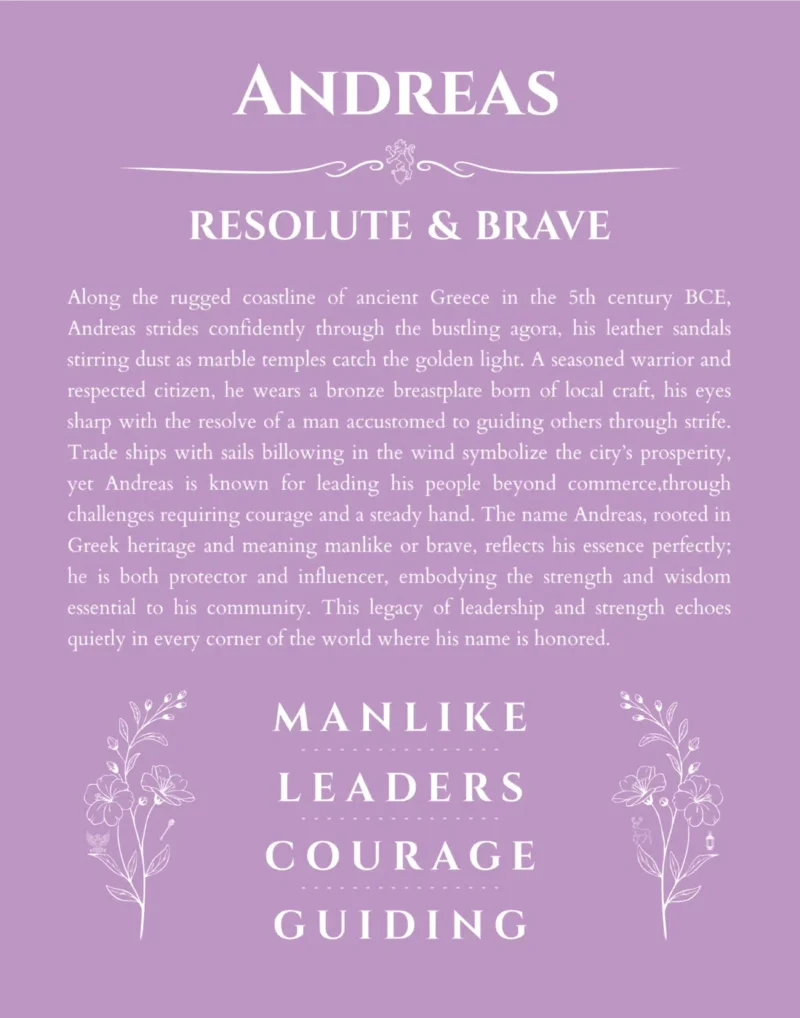 Andreas name origin print with meaning and traits in light purple