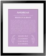 Andreas name origin print with meaning and traits in light purple with black matte frame