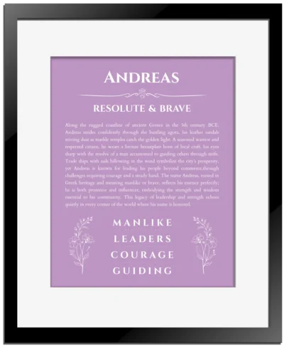 Andreas name origin print with meaning and traits in light purple with black matte frame