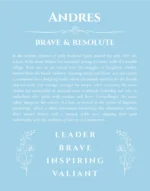 Andres name origin print with meaning and traits in light blue