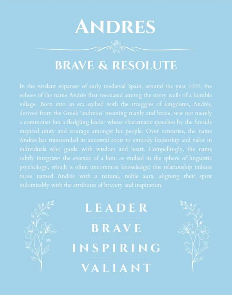 Andres name origin print with meaning and traits in light blue