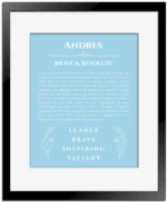 Andres name origin print with meaning and traits in light blue with black matte frame