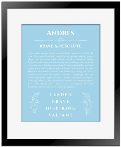 Andres name origin print with meaning and traits in light blue with black matte frame