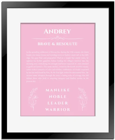 Andrey custom name meaning print in light pink with black matte frame