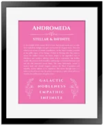Andromeda custom name meaning print in pink with black matte frame