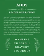 Andy personalized wall art with the story of your name in dark green