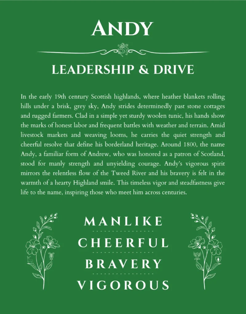 Andy personalized wall art with the story of your name in dark green
