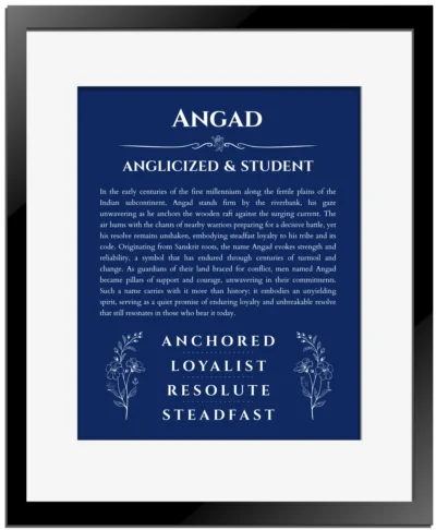 Angad name meaning wall art by Get Your Story in deep blue with black matte frame