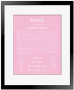 Angel name meaning wall art by Get Your Story in light pink with black matte frame