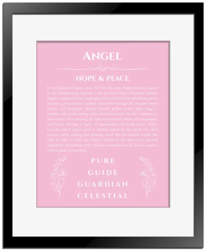 Angel name meaning wall art by Get Your Story in light pink with black matte frame
