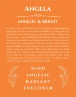 Angela name origin print with meaning and traits in orange