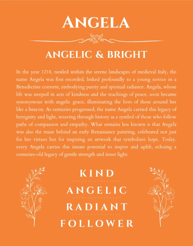 Angela name origin print with meaning and traits in orange