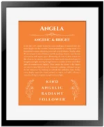 Angela name origin print with meaning and traits in orange with black matte frame