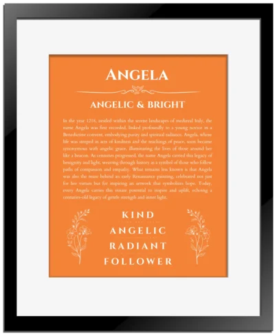 Angela name origin print with meaning and traits in orange with black matte frame