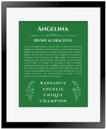 Angelina custom name print for wall display in dark green with black matte frame