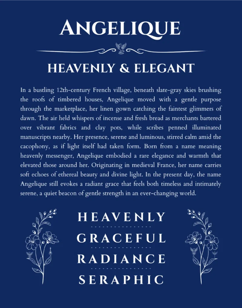 Angelique personalized name art with origin story in deep blue