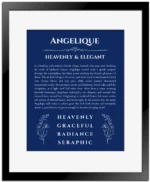 Angelique personalized name art with origin story in deep blue with black matte frame