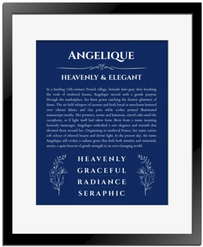 Angelique personalized name art with origin story in deep blue with black matte frame