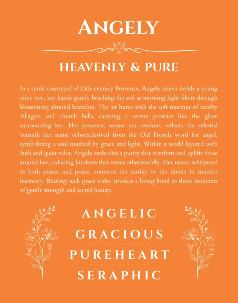 Angely name origin print with meaning and traits in orange