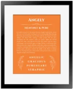 Angely name origin print with meaning and traits in orange with black matte frame