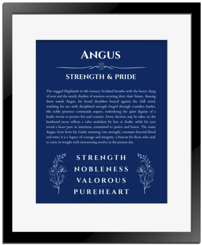 Angus custom name print for wall display in deep blue with black matte frame